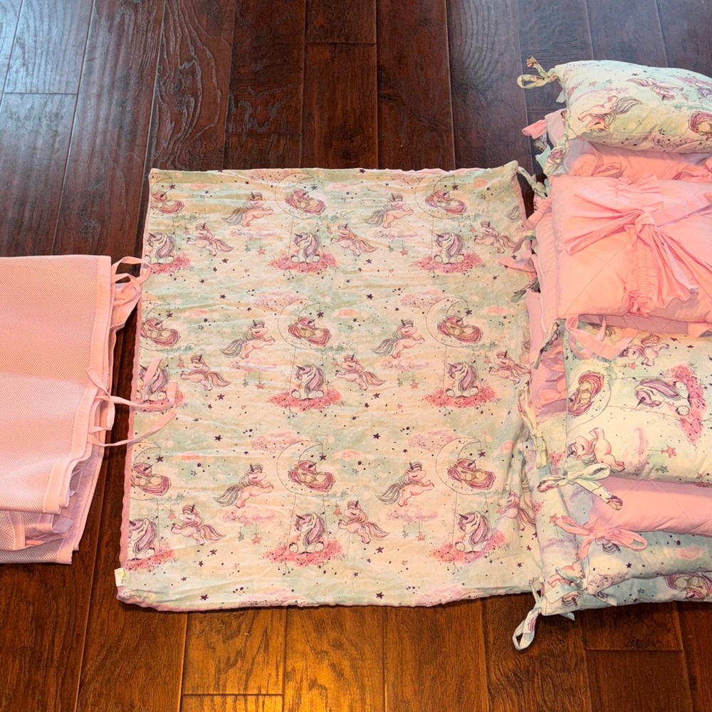 Pink and Teal & White Unicorn Baby Girl Crib Bedding Set
